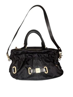 BOTKIER Black Satin Leather Trim Gold Hardware 2 Way Purse Handbag